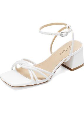 Women's White Square Open Toe Strappy Ankle Strap Stylish Low Chunky Heel Sandal